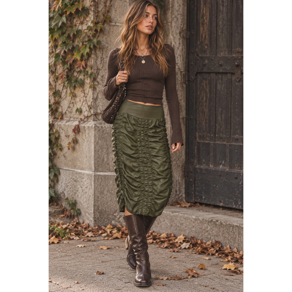XCVI S Olive Faux Leather Ruched Midi Skirt Y2K Fairy Grunge Whimsigoth Moto